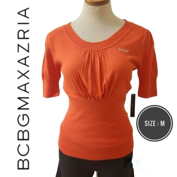 BCBGMaxAzri Orange Knit Short Sleeve Top Scoop Neck Cotton Stretch Women Medium - Picture 3 of 11